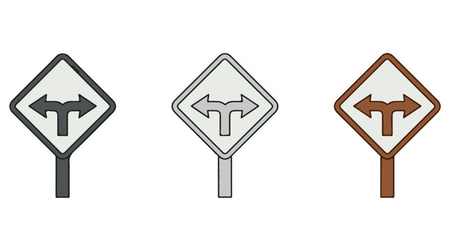 Illustrated road signs showing straight and turning directions for a T intersection, presented in three different color schemes.