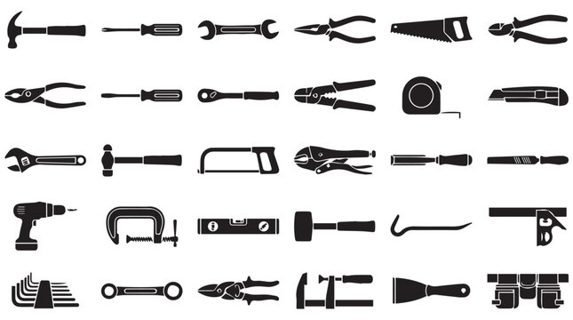 A grid of black and white line art icons depicting various hand tools and hardware items.
