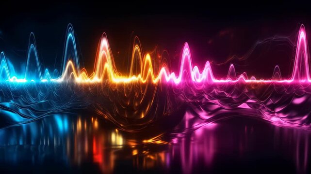 Vibrant neon waveform reflected on a glossy surface, abstract audio frequency visualization with multicolored spectral pulses and luminous fluid light waves suggesting rhythm