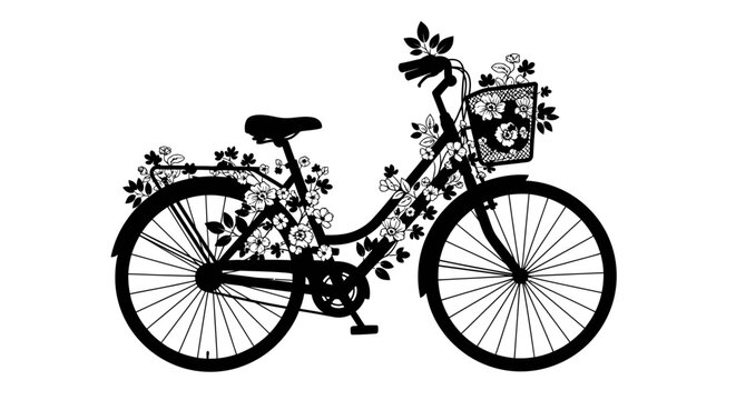 Black bicycle silhouette, floral pattern bike, vector illustration, decorative cycling icon