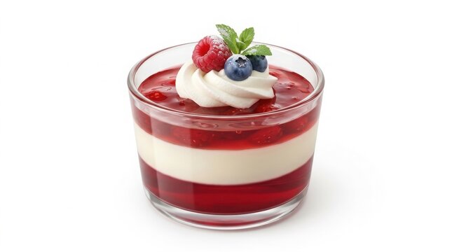 Gourmet layered panna cotta dessert, elegant berry jelly verrine with whipped cream, red raspberry and blueberry fruit parfait in glass isolated on White Background