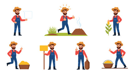 Fototapeta premium Set of male farmer character illustrations showing him working on the farm, harvesting corn, and carrying bags of grain.