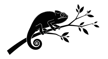 Black chameleon, silhouette, on branch, leaves, wildlife icon isolated on White Background © MITURANI