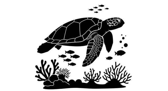 Black sea turtle, ocean icon, underwater illustration, coral reef graphic