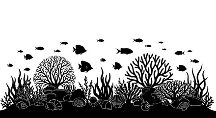 Underwater scene, black coral reef, fish silhouettes, ocean landscape, vector illustration © MITURANI