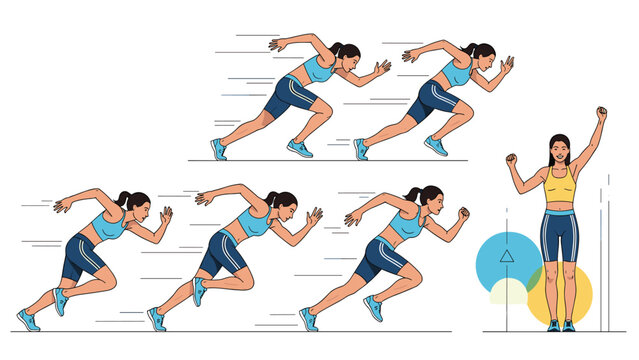 Dynamic sequence of a female sprinter from the starting block to the final victory pose at a track and field event.