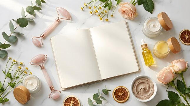 Blank open journal surrounded by skincare products and flowers on marble background.