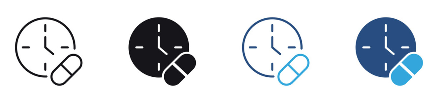 Medicine Time icon set. clock with capsule pill icons , medication reminder and healthcare schedule concept. vector illustration.
