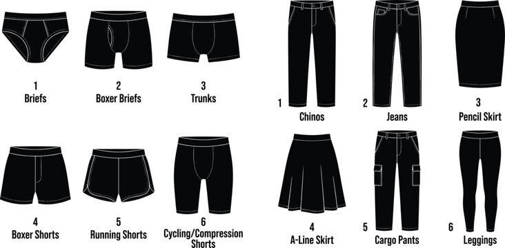 Set of black clothing silhouette icons featuring men underwear styles and women bottom wear including pants and skirts