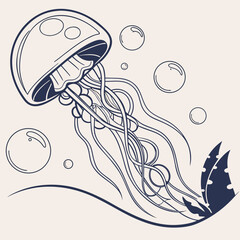 Blue jellyfish illustration with bubbles © Creative Pixel Lab