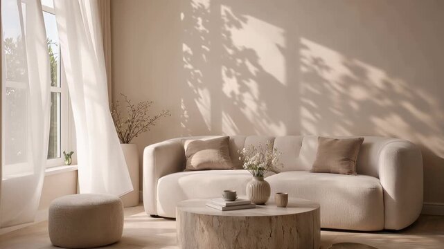Sunlit minimalist beige living room featuring a curved sofa and pouf, round wooden coffee table with vase and flowers, sheer window curtains and tree-shadow patterns on the wall