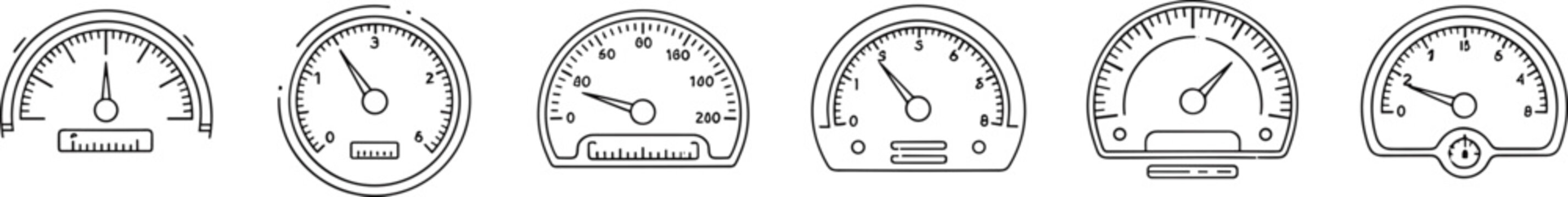 Analog Speedometer And Gauge Dashboard Icons Set, Retro Meter And Dial Instrument Collection, vector illustration