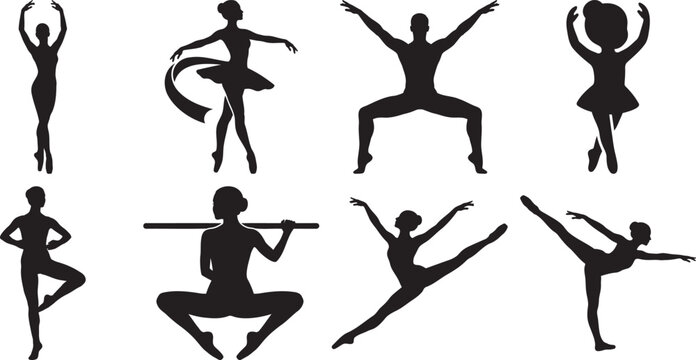 Graceful silhouettes of ballet dancers, male dancers, and a child dancer performing various poses and movements including barre training.