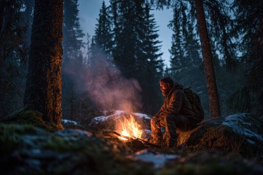 Rugged outdoorsman by a warm campfire in the Norwegian wilderness at dusk