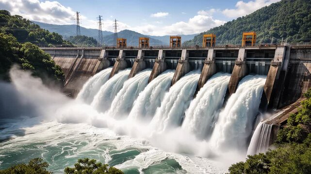Massive hydroelectric dam with multiple open spillways releasing roaring cascades of water into a turbulent downstream reservoir, framed by forested mountains and blue sky