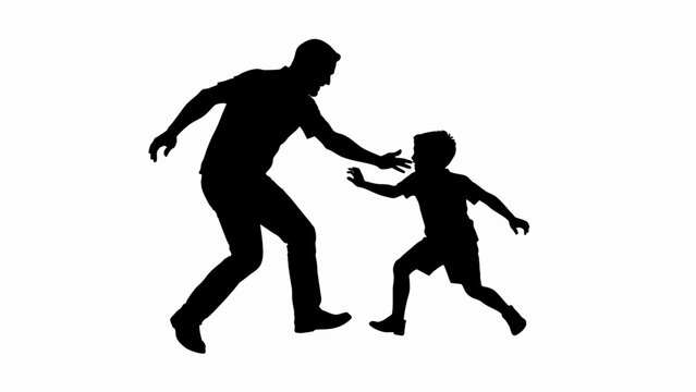 Black silhouette father and child running, family fun vector icon, playful parent kid illustration, active lifestyle graphic