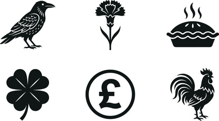 Black silhouette icons collection featuring a raven crow, carnation flower, hot pie, four leaf clover, pound currency, and rooster © fulbabu