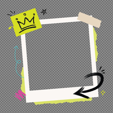 Creative polaroid photo frame with neon paper scraps, handdrawn crown, arrows, and tape elements vector illustration