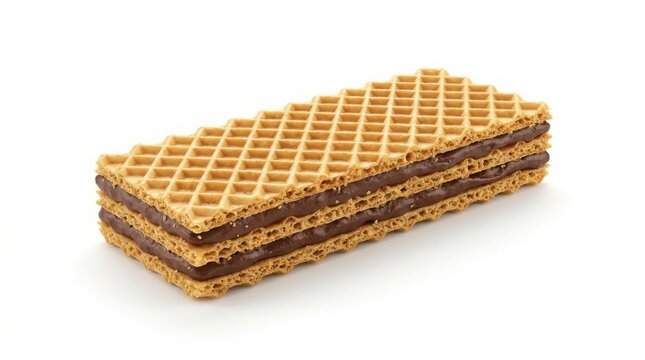 Crispy chocolate wafer biscuit, crunchy layered cocoa cream snack, golden brown textured sweet dessert bar for food packaging isolated on White Background