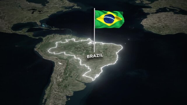 Brazil Map Glowing Border Animation with 3D Waving Flag on World Map