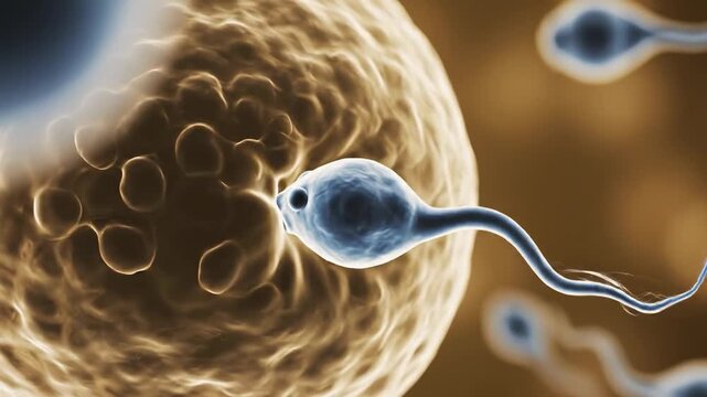 This shows a detailed 3D animation of a sperm fertilizing an egg, a crucial step in IVF and pregnancy. The microscopic view provides a realistic and educational look at the process of fertilization