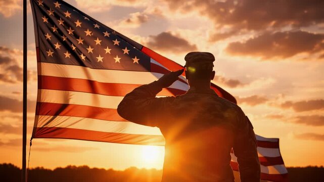 Silhouette of a uniformed soldier saluting a large American flag at sunset, backlit by dramatic clouds and golden light, evoking patriotism, honor, and military service