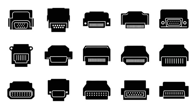 Computer port icons set black silhouettes on a white background