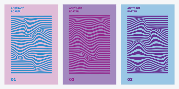 Three abstract poster templates with wavy line patterns in pink, purple, and blue colors template. Resizable and editable, EPS 10.