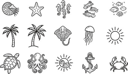 Marine life and tropical elements line drawing set © Mahfuz Creatix