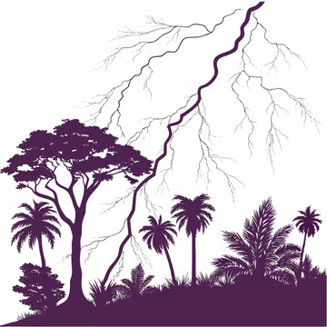 Lightning strike over tropical jungle landscape with nature art, tropical forest
