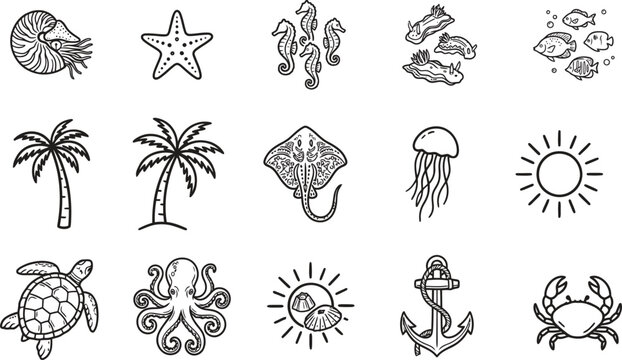 Marine life and tropical elements line drawing set
