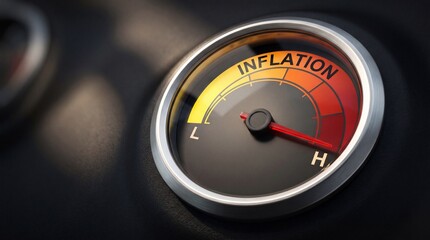 Naklejka premium A close-up view of an inflation gauge with a red needle pointing to high inflation on a black background