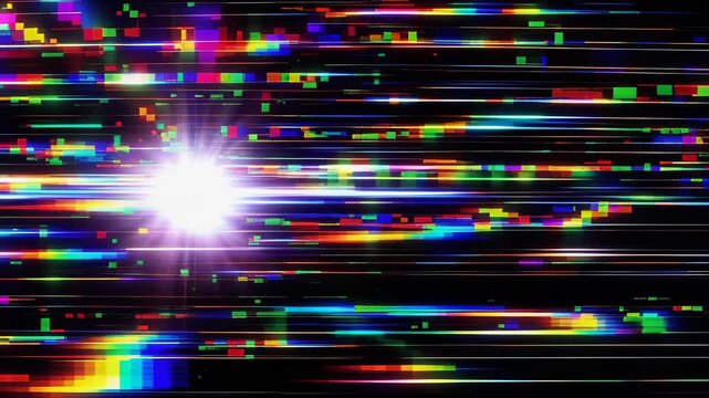 Abstract horizontal digital glitch with vibrant RGB scanlines, chromatic distortion and radiant light burst across a dark field suggesting futuristic motion and signal interference.