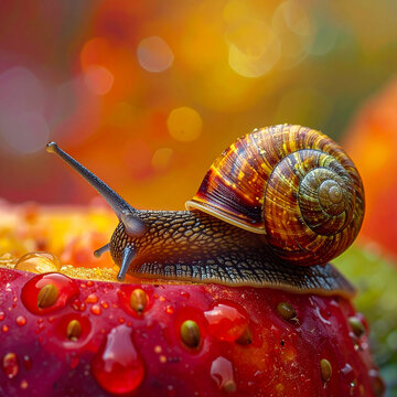 Snail on a wet strawberry macro bokeh background