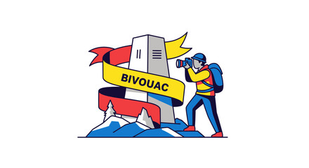 Naklejka premium Mountain Photographer Capturing Scenic Vista At Bivouac Landmark