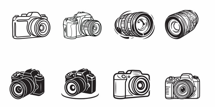 Professional DSLR Camera and Lens Icon Set with Minimalist Line Art and Black and White Photography Illustrations Isolated on White