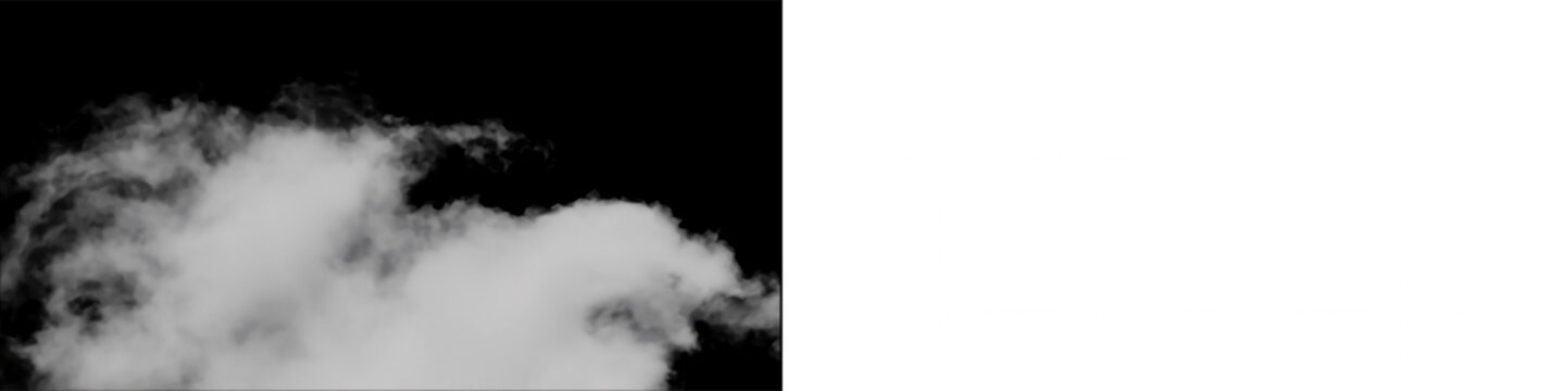 White fluffy clouds isolated on black background for digital editing compositing motion graphics overlay effect.