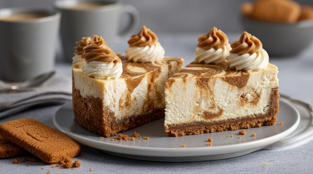 Decadent swirls of caramel topping a creamy cheesecake with a biscuit base, served with coffee.