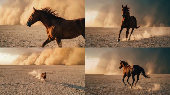 Multi-angle collage of a brown horse running through a desert dust storm at sunset - Generated by AI