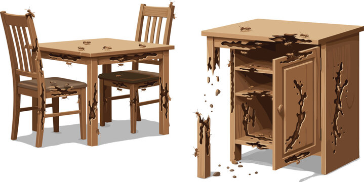 Wooden home furniture termite damage set featuring infested dining table chairs and cabinet isolated on white background.