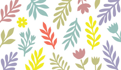 Fototapeta premium Delicate floral pattern with pastel-colored leaves and flowers on a white background