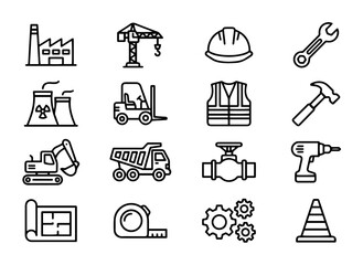 Fototapeta premium Industrial Construction Icon Set Vector Illustration on Transparent Background, industrial icons, construction icons, factory, crane, safety helmet, tools, wrench, hammer, screwdriver, pipeline, 