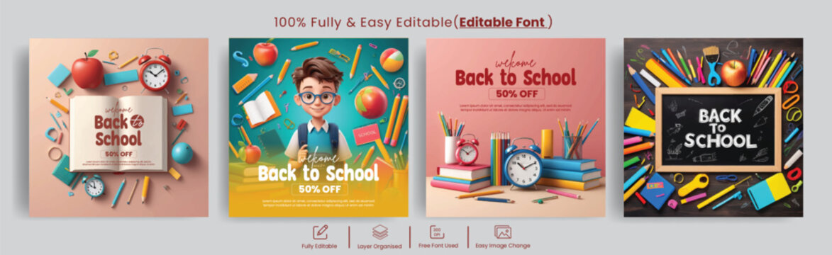 back to school social media posts bundle for promotional ads, banners design pack with Cute cartoon boy, school supplies background for sale promotion advertisements collections