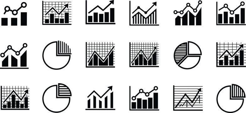Black and white financial analytics icon set featuring bar charts, line graphs and pie charts with grid backgrounds for business statistics dashboard design, Vector illustration.