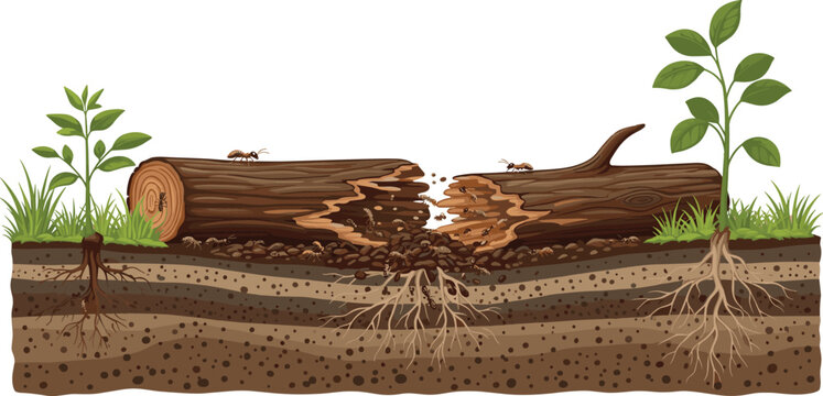 Termite wood decomposition process in soil cross section showing decaying log and forest ecosystem isolated on white.