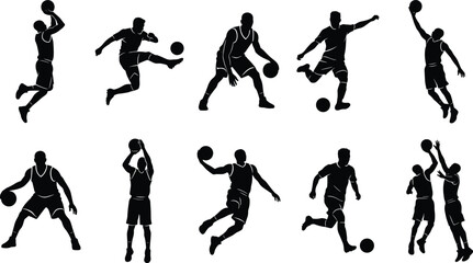 Large collection of black vector silhouettes featuring professional basketball and soccer players in action poses isolated on white background. © fulbabu