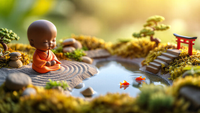 Small monk meditating by a peaceful garden pond with fish isolated on white background, illustration
