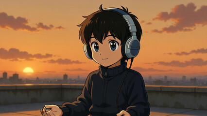 Fototapeta premium Young boy wearing headphones on rooftop at sunset
