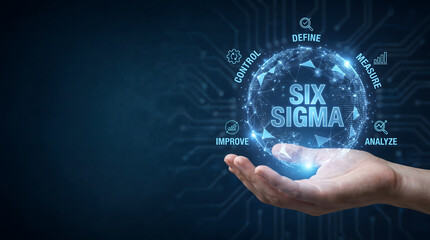 Obraz premium Six Sigma methodology and business process improvement concept. Hand holding glowing digital globe with DMAIC phases hologram.