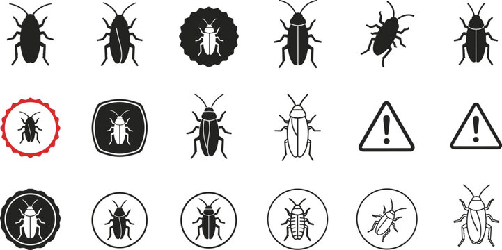 Set of cockroach insect pest control icons including bug silhouettes warning signs and minimalist vector graphic design elements.